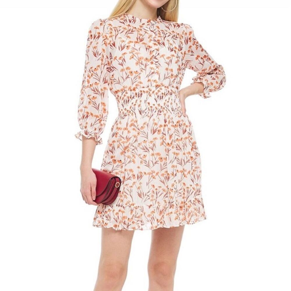 Maje Rythona Metallic Trim Floral Chiffon Smocked Mini Dress Size 34